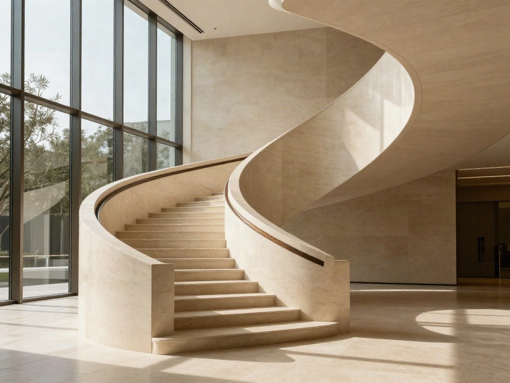 Sunlight illuminating a sweeping stone staircase in a contemporary corporate atrium